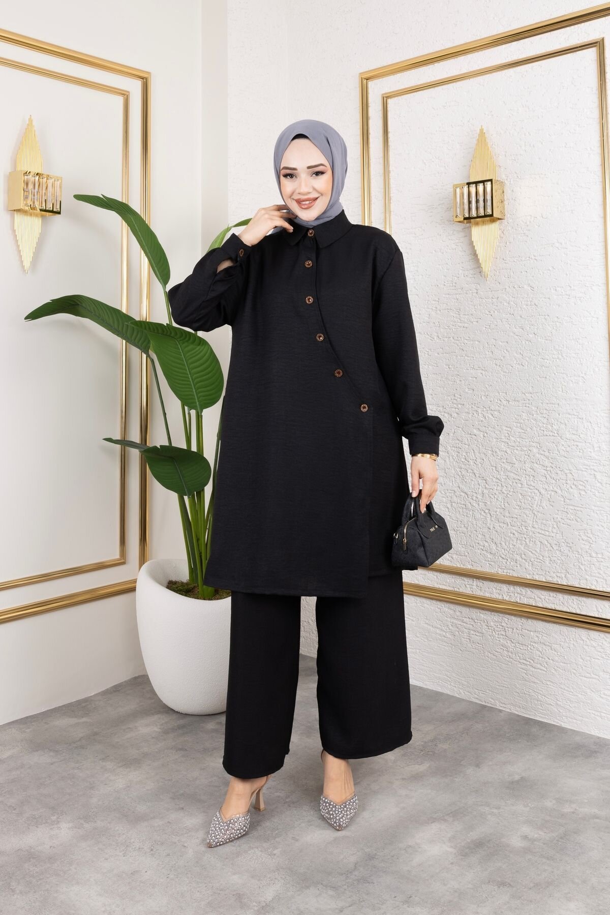 Black Shirt Collar Cross Buttoned and Inner Tie Trousers Linen Set - SFG Life Moda