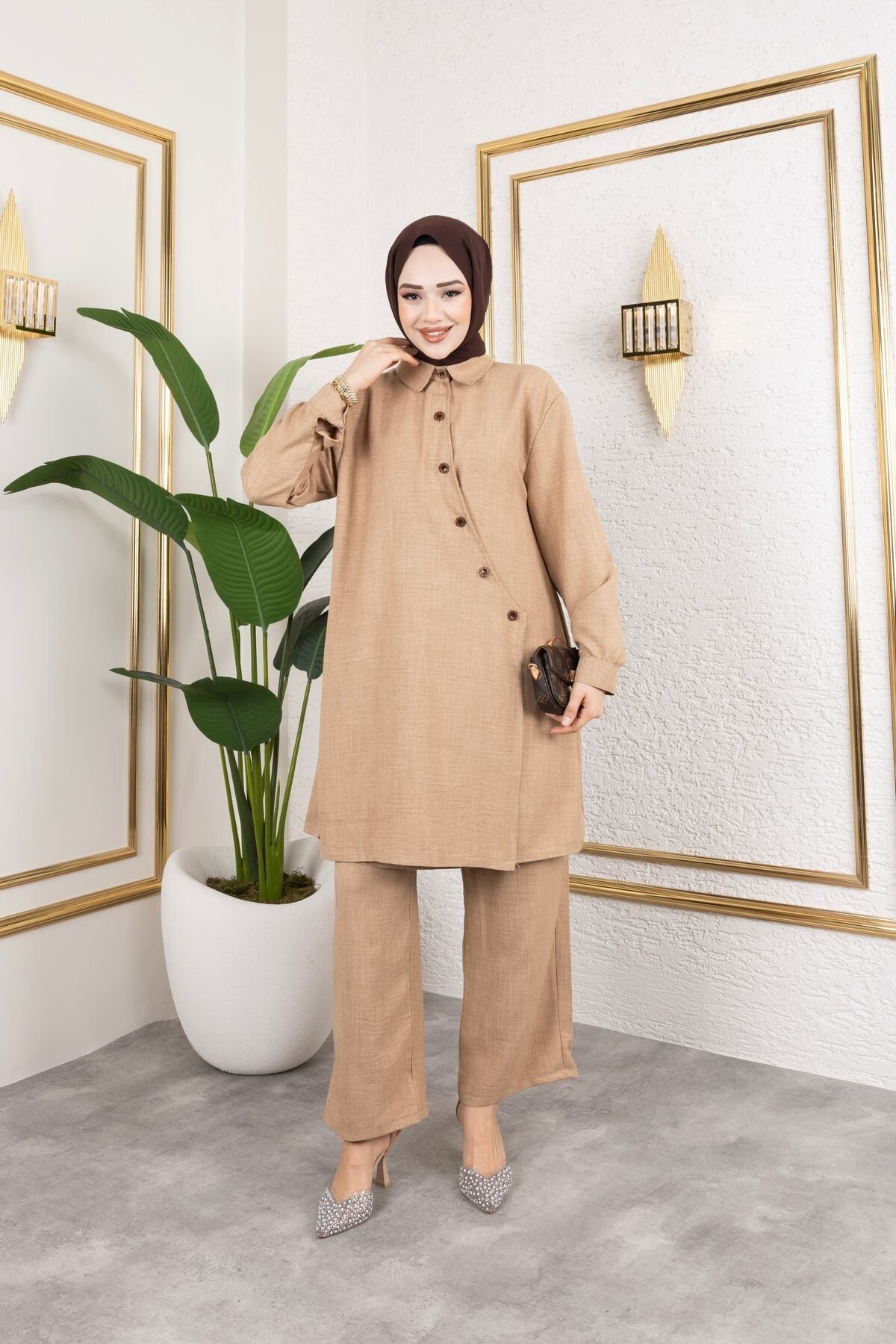 Taupe Shirt Collar Cross Buttoned and Inner Tied Trousers Two-Piece Linen Set - SFG Life Moda