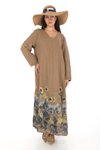 Camel İtalyan V Yaka Uzun Kol Dijital Baskılı Keten Elbise