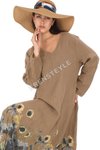 Camel İtalyan V Yaka Uzun Kol Dijital Baskılı Keten Elbise