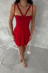 Kırmızı Askılı Eteği Sandy Kumaş Mini Kloş Elbise