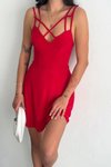 Kırmızı Askılı Eteği Sandy Kumaş Mini Kloş Elbise