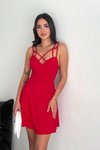 Kırmızı Askılı Eteği Sandy Kumaş Mini Kloş Elbise