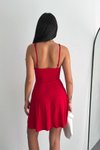 Kırmızı Askılı Eteği Sandy Kumaş Mini Kloş Elbise