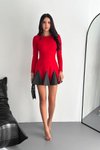 Kırmızı Uzun Kollu Eteği Krep Kumaş Mini Kloş Elbise