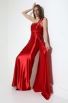 Tek Omuz Askılı Kırmızı Saten Kumaş Taş Detaylı Kuyruklu Uzun Abiye Elbise