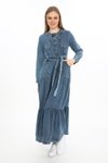 Koyu Mavi Uzun Kol Cepli Kar Yıkama Önden Düğmeli Kemerli &amp; Kot Elbise