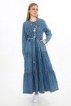 Mavi Uzun Kol Cepli Kar Yıkama Önden Düğmeli Kemerli &amp; Kot Elbise