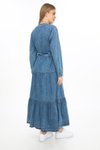 Mavi Uzun Kol Cepli Kar Yıkama Önden Düğmeli Kemerli &amp; Kot Elbise