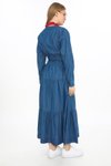 Mavi Uzun Kol Cepli Önden Düğmeli Kemerli Kot Elbise