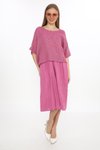 Pembe İtalyan Müslin Keteni Üstü File Bluzlu Astarlı Tek Parça Midi Elbise