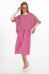 Pembe İtalyan Müslin Keteni Üstü File Bluzlu Astarlı Tek Parça Midi Elbise