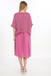 Pembe İtalyan Müslin Keteni Üstü File Bluzlu Astarlı Tek Parça Midi Elbise