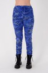 Saks Mavi Italyan Beli Bağlamalı Kamuflaj Desenli Dar Paça Pantolon