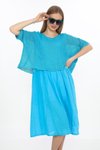 Turkuaz İtalyan Müslin Keteni Üstü File Bluzlu Astarlı Tek Parça Midi Elbise