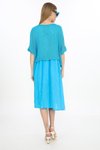 Turkuaz İtalyan Müslin Keteni Üstü File Bluzlu Astarlı Tek Parça Midi Elbise