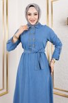 Açık Mavi Düğme Detaylı Kot Elbise