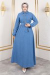 Açık Mavi Düğme Detaylı Kot Elbise