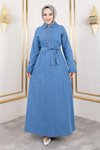 Açık Mavi Düğme Detaylı Kot Elbise