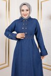 Koyu Mavi Düğme Detaylı Kot Elbise