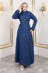 Koyu Mavi Düğme Detaylı Kot Elbise