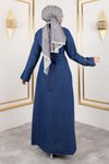 Koyu Mavi Düğme Detaylı Kot Elbise