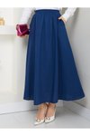 İndigo Cepli Beli Lastikli Keten Uzun Etek