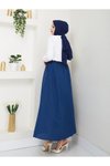 İndigo Cepli Beli Lastikli Keten Uzun Etek