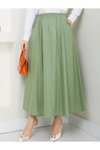 Yeşil Cepli Beli Lastikli Keten Uzun Etek