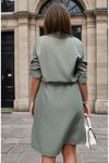 Haki Uzun Kol Beli Bağcıklı Cepli Düğmeli A Kesim Cupra Salaş Midi Elbise