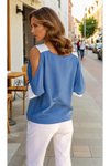 İndigo Kısa Kol Omuz Dekolteli Salaş Keten Bluz