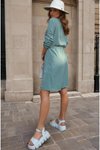 Mint Uzun Kol Beli Bağcıklı Cepli Düğmeli A Kesim Cupra Salaş Midi Elbise