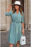 Mint Uzun Kol Beli Bağcıklı Cepli Düğmeli A Kesim Cupra Salaş Midi Elbise