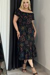 Siyah Neon Çiçek Desenli Madonna Yaka Eteği Fırfırlı Likralı Viskon Büyük Beden Midi Elbise