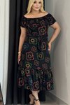 Siyah Neon Çiçek Desenli Madonna Yaka Eteği Fırfırlı Likralı Viskon Büyük Beden Midi Elbise