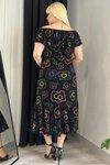 Siyah Neon Çiçek Desenli Madonna Yaka Eteği Fırfırlı Likralı Viskon Büyük Beden Midi Elbise