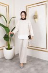 Bej Bisiklet Yaka Önü Gömlek Detaylı Keten İkili Pantolon Takım