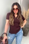 Acı Kahve Gold V Aksesuarlı Kısa Kollu Triko Bluz