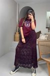 Bordo Dantel Parçalı Uzun Etek