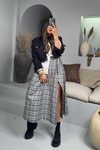 Gri Kumaş Kemerli Kareli Yırtmaçlı Uzun Etek