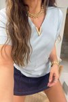 Mavi Gold V Aksesuarlı Kısa Kollu Triko Bluz
