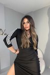 Siyah Şeritli V Yaka Midi Sweat Elbise