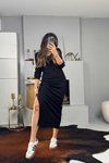 Siyah Şeritli V Yaka Midi Sweat Elbise