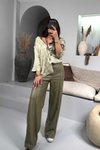 Yağ Yeşili Lyocell Kumaş Beli Lastikli Bol Paça Pantolon