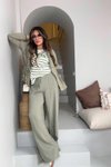 Yağ Yeşili Lyocell Kumaş Beli Lastikli Bol Paça Pantolon