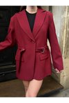 Bordo Kemer Detaylı Astarlı Blazer Ceket