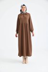 Kahverengi Düğmeli Gömlek Yaka Balon Kol Elbise