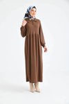 Kahverengi Düğmeli Gömlek Yaka Balon Kol Elbise