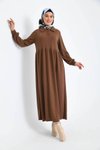 Kahverengi Düğmeli Gömlek Yaka Balon Kol Elbise