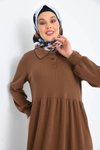 Kahverengi Düğmeli Gömlek Yaka Balon Kol Elbise